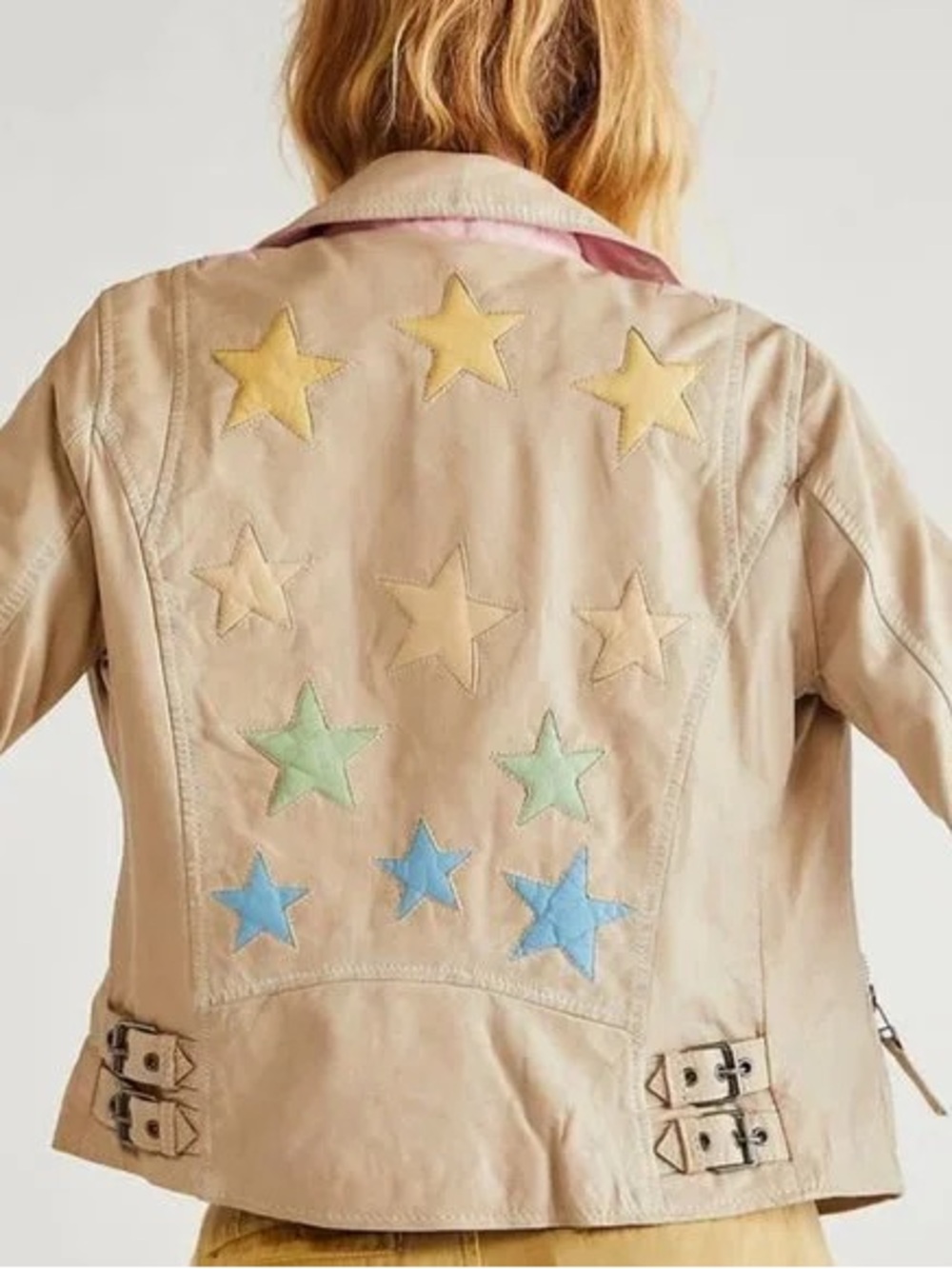 Free People Mauritius Star Applique Leather Jacket with Pastel Stars. 6.